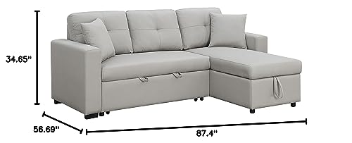 AC Pacific June Modern Contemporary Pullout Sectional Sleeper Sofa with Reversible Lounge Chaise and Storage Compartment with 2 Throw Pillows, Beige