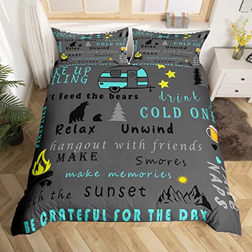Camper Queen Duvet Cover Full Size, Rustic Farmhouse Bedding Set for Kids Boys Girls Youth Adults Bedroom Decor, Happy Camping Comforter Cover Sketch Drawing Quilt Cover, Zipper Closure, Teal