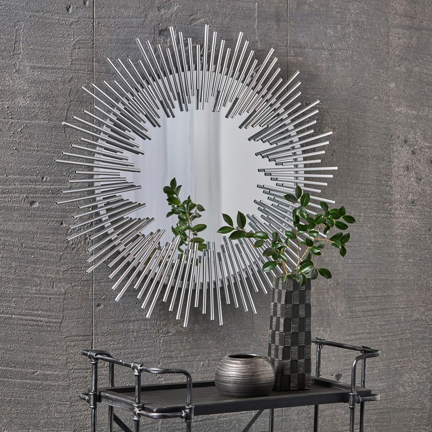 Great Deal Furniture Modern Industrial Metal Sunburst Wall Mirror, Iron