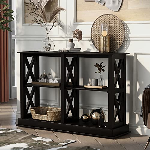 Contemporary Console Table with Industrial-Inspired Concrete Wood Top, Extra Long Entryway Table Buffet Sideboard with Wood Legs for Entryway, Hallway, Living Room, Foyer, Corridor (Gray@053)