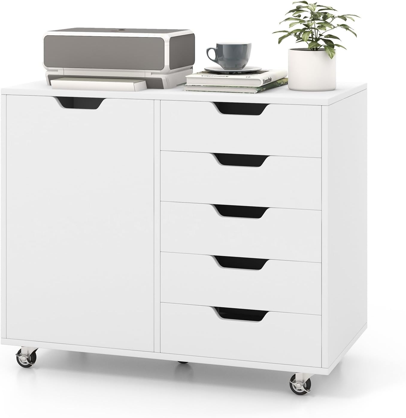 Modern File Cabinet, White Lateral Filing Cabinet 5 Drawer with Universal Wheels, Wood Printer Stand with Storage, Rolling File Cabinets for Home Office, Living Dining Room, Bedroom, Kitchen