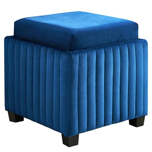 18-Inch Contemporary Square Cube Storage Ottoman Bench with Coffee Tray, Coffee Table for Living Room, Ottoman Footrest for Bedroom End of Bed, Beige Velvet Fabric in Modern Sawing