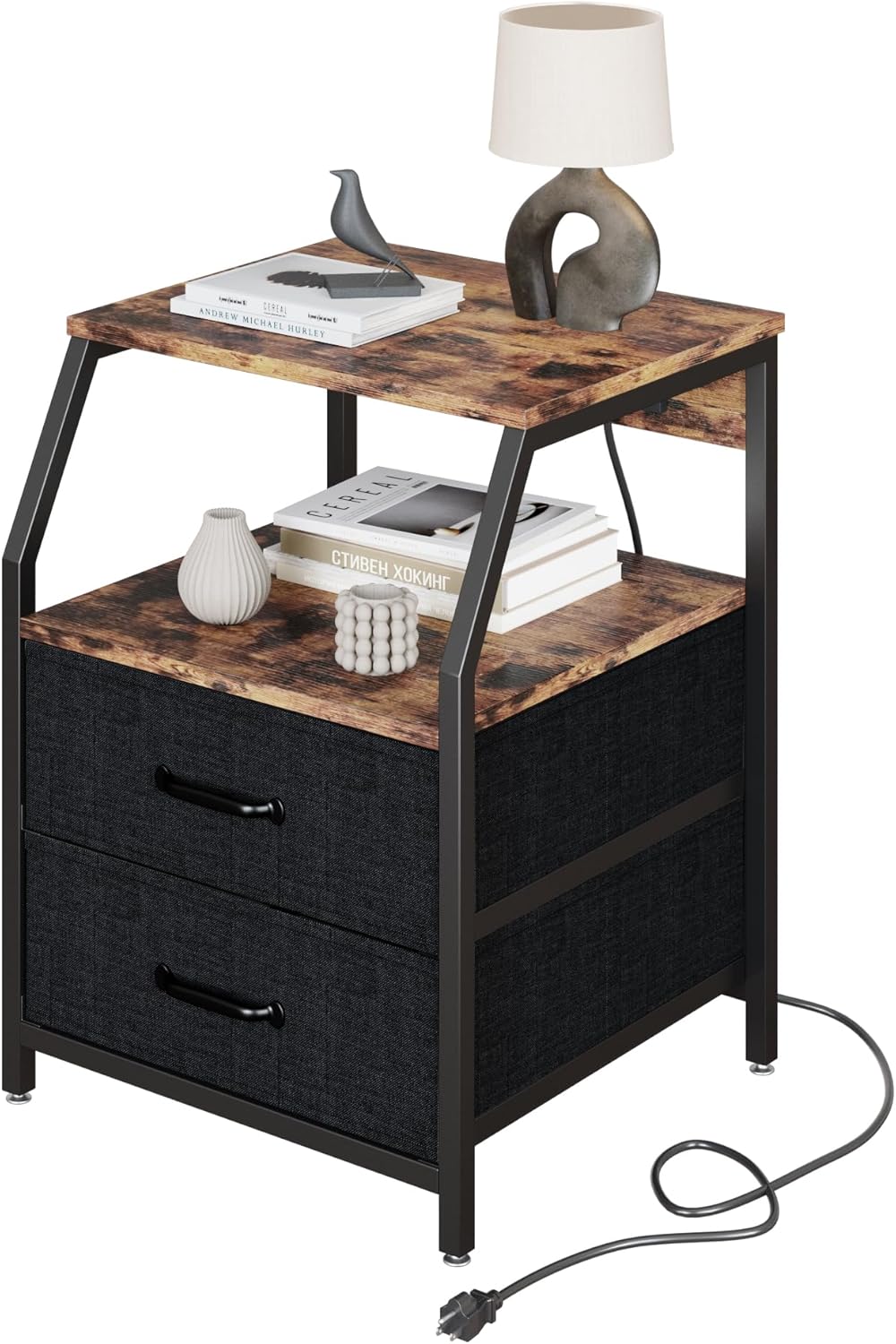 Side Table with Charging Station, Sofa End Table with Oblique Angled Storage Shelf, 2 PCS Fabric Drawers and Adjustable Leg Pads,Nightstand Beside Table for Living Room Bedroom Rustic Brown