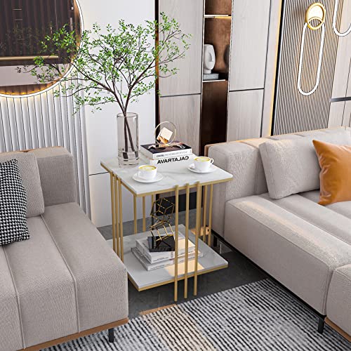 Wisfor Sintered Stone End Table: 2 Tier Square White Sofa Side Table - Small Coffee Table with Golden Frame - Modern Bedside Nightstand for Living Room Bedroom
