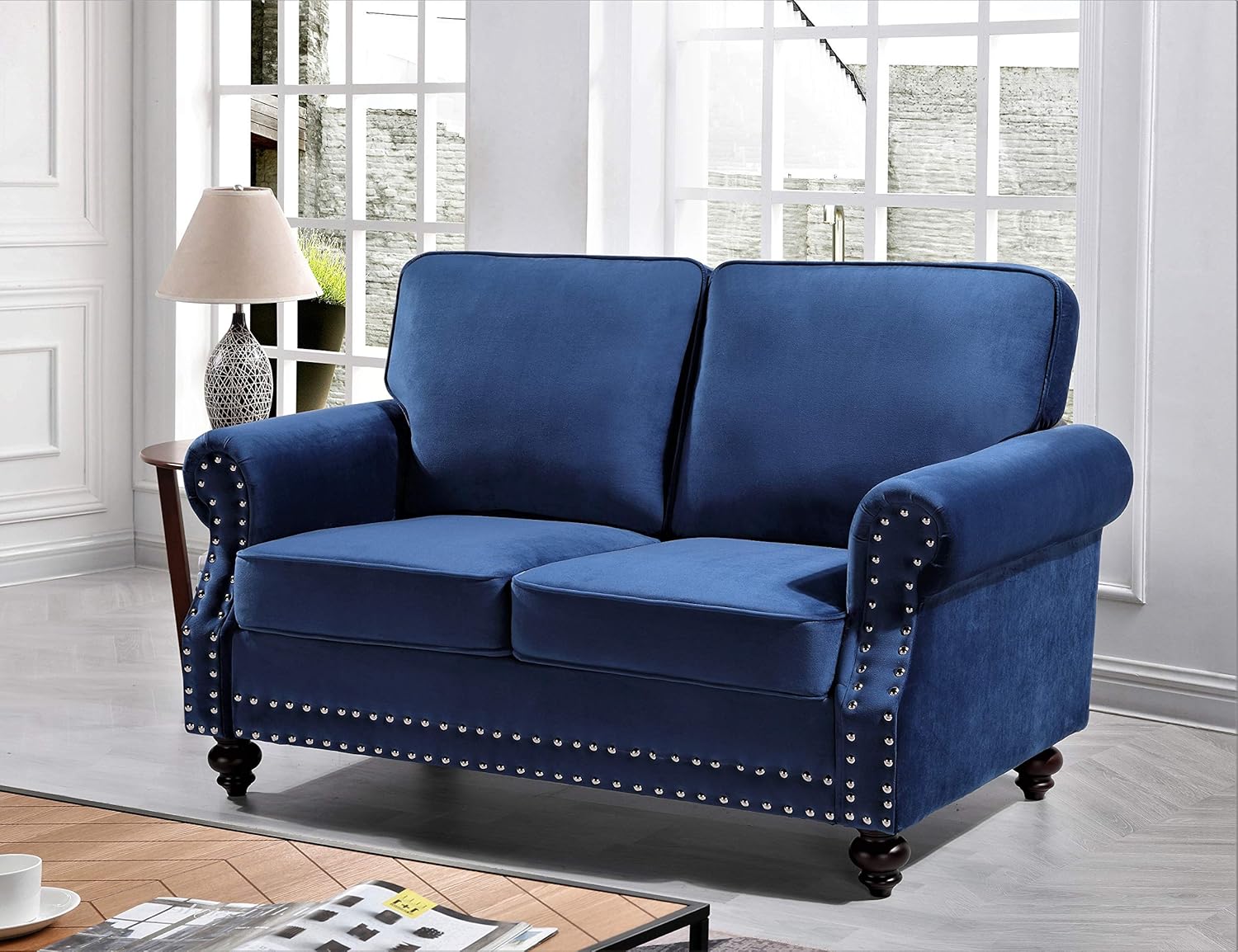 US Pride Furniture Soft Elegant Dark Blue 61.42’’ Wide Velvet Tight Back Rolled Arm Living Room Set Loveseat with Removable Cushion & Solid Wood Legs (S5670-5676) Sofas
