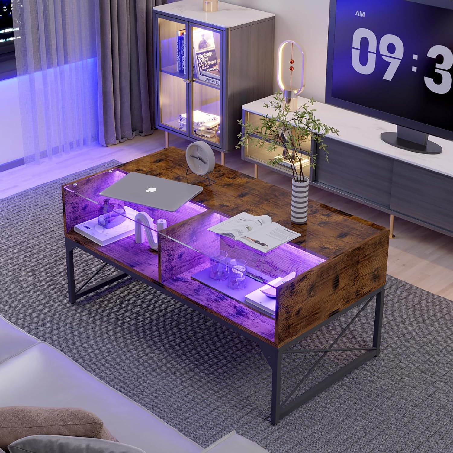 LED Coffee Table, 42Inch Modern Coffee Table with 4 Open Storage Compartments, Half Glass Half Wood, Glass Center Table for living Room, Game Room, Reception Room Office,Rustic Brown