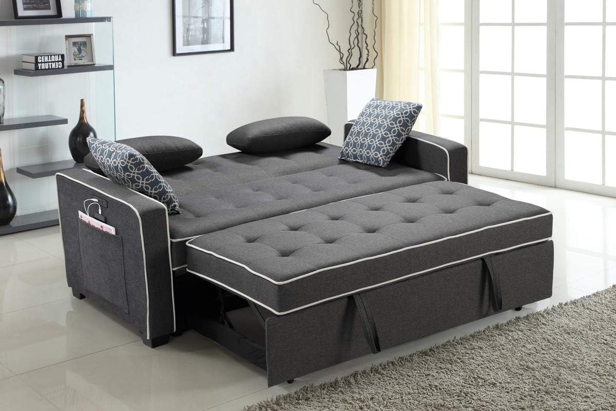 Lilola Home Austin Modern Gray Fabric Sleeper Sofa with 2 USB Charging Ports and 4 Accent Pillows