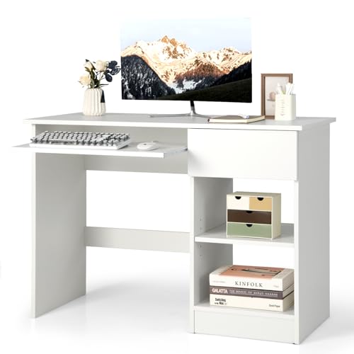 Computer Desk with Keyboard Tray and Drawer, Home Office Desk with Adjustable Shelves & Cable Hole, Modern Vanity Table for Bedroom, Teens Gaming Desk, Writing Study Workstation (Black)