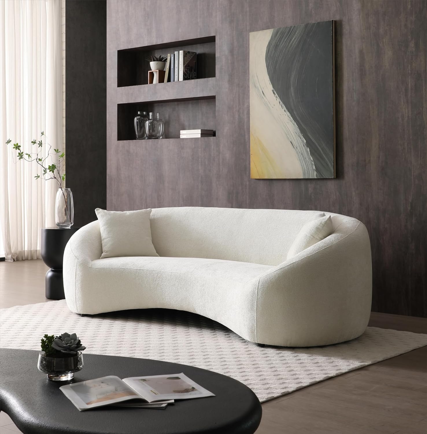 Minimalist Curved Sofa, 3 Seater, Chenille Velvet Fabric Upholstered Sofa, Tight Curved Back Velvet Cloud Couch for Living Room Apartment Office (White)