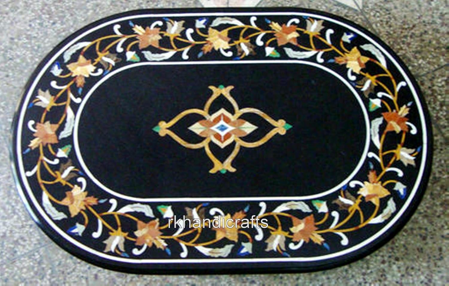 Oval Black Marble Dining Table Top Unique Pattern Inlay Work Conference Table for Hotel Decor 36 x 48 Inches
