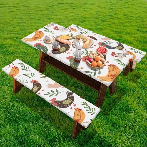 Cute Chicken Picnic Table Cover with Bench Covers Camping Essentials Fitted Tablecloth Fitted Rectangle Tables and Seats with Elastic for Outdoor,Picnic,Camping