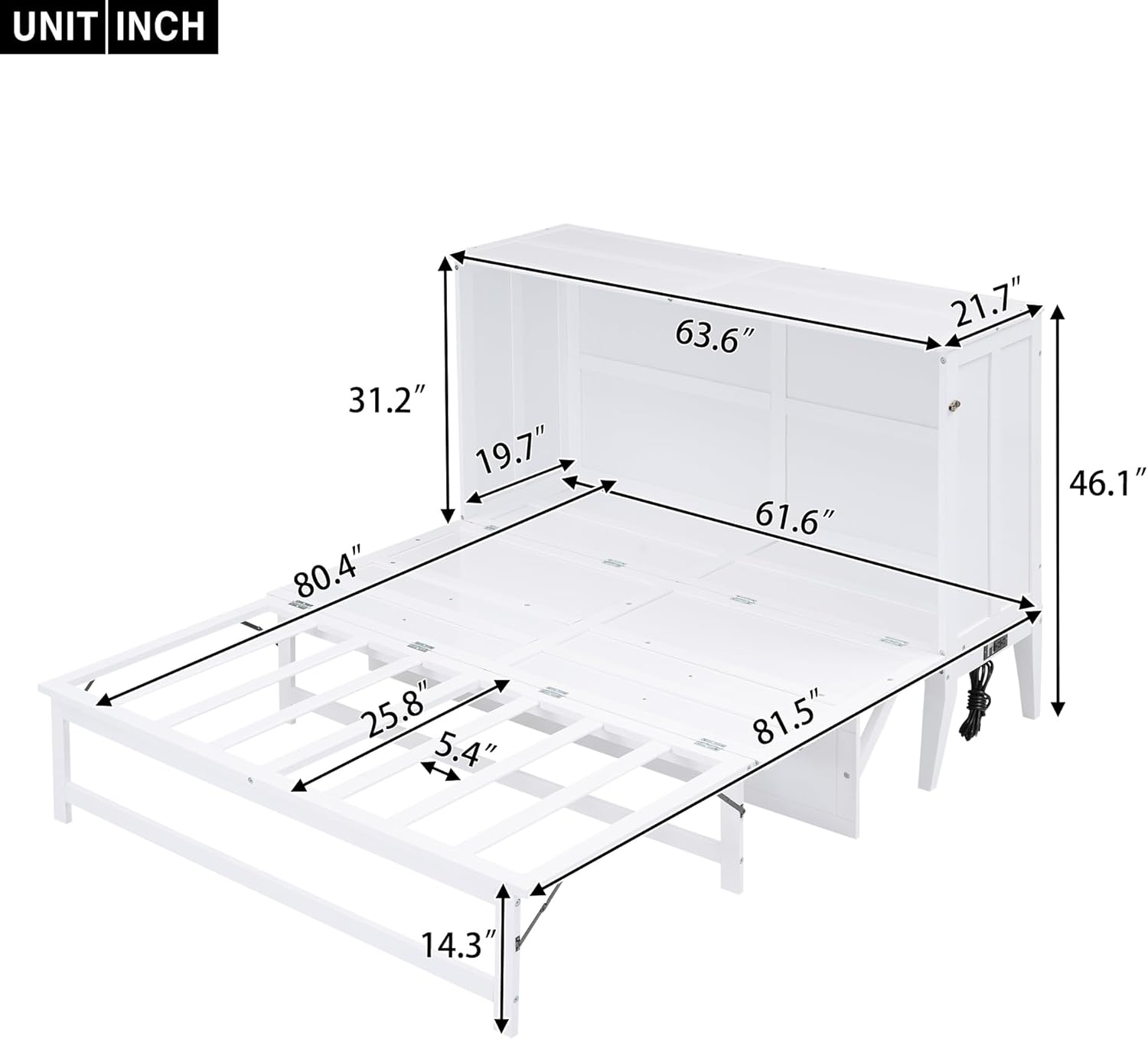 Queen Size Murphy Cabinet Bed, Wood Foldable Murphy Cube Cabinet Bed Chest with Built-in Charging Station and a Shelf for Small Spaces, White