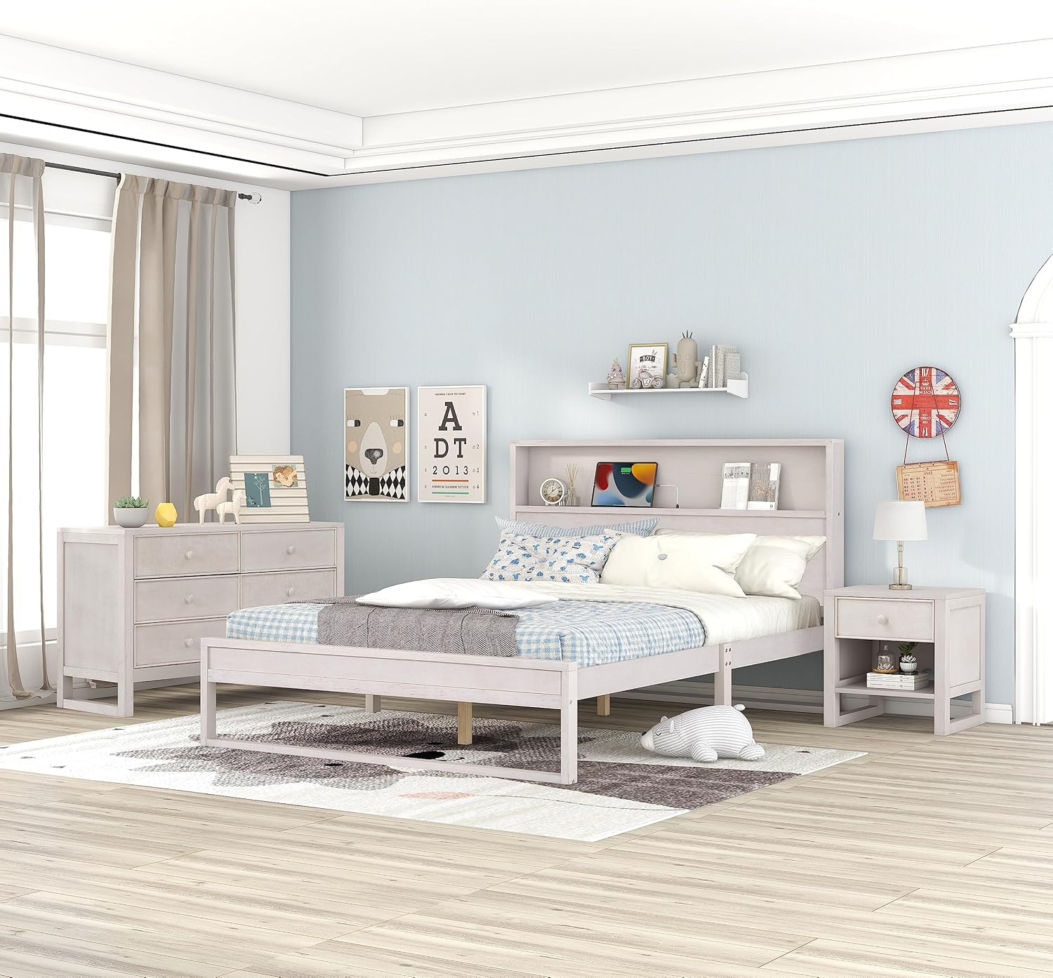 Bellemave 3-Piece Bedroom Set Queen Size Wood Platform Bed Frame Built-in USB Port Headboard with A 6-Drawer Dresser and One Nightstand for Kids Teens Boys Girls Bedroom, Antique White