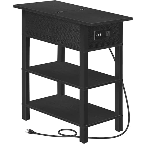 HOOBRO End Table with Charging Station, Flip Top Side Table with USB Ports, Narrow Nightstand Bedside Tables with Storage Shelves, for Small Space, Living Room,Greige and Black BG141UBZ01