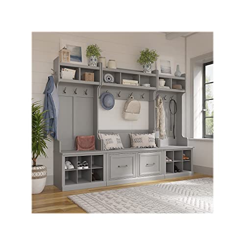 Bush Furniture Woodland Full Entryway Storage Set with Coat Rack and Shoe Bench with Doors | Mudroom Organizer for Footwear, Clothing, Cape Cod Gray