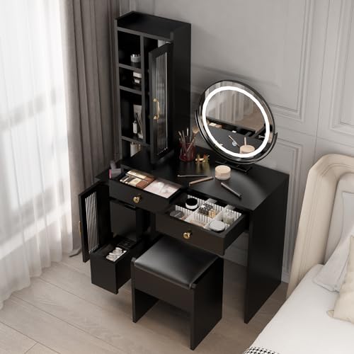 Large Black Vanity Desk with Side Cabinet,Adjustable 3 Lighting Mode Makeup Desk for Women,Bedroom Dressing Table with Mirror,Lights and Charging Station