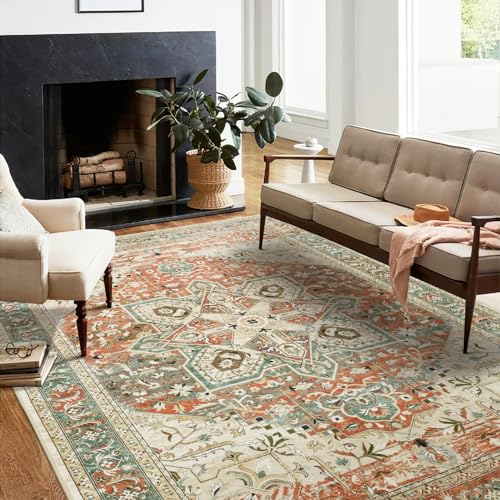 Washable Area Rug 8x10, Large Soft Rugs for Living Room Farmhouse Vintage Area Rugs for Bedroom Dining Room Non-Slip Stain Resistant Under Table Rug Blue Beige