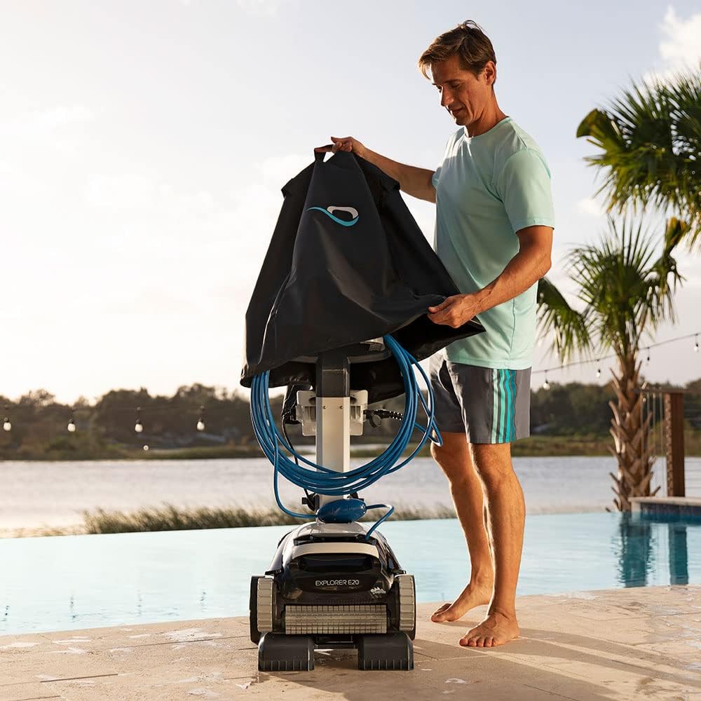Dolphin (2024 Model) Explorer E20 Automatic Robotic Pool Vacuum Cleaner Includes Caddy and Classic Cover for Storage and Protection, Ideal for Inground Pool Up to 33 FT in Length