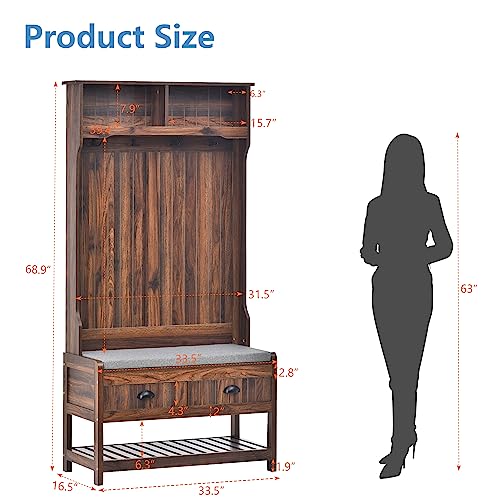 68.9 Inch Hall Tree, 3 in 1 Freestanding Entryway Coat Rack Shoe Bench, Modern Mudroom Bench with Storage and 4 Hooks, 2 Drawers Soft Cushion for for Living Room Bedroom, Brown