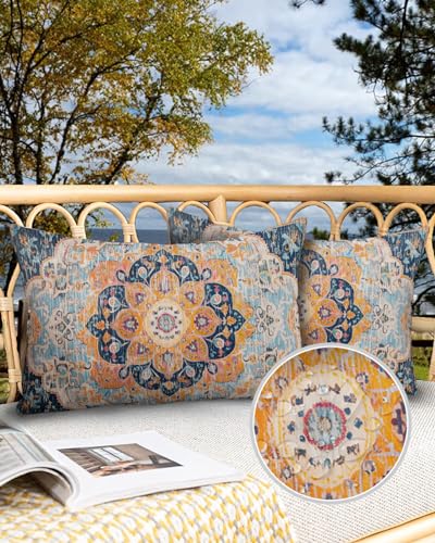 Outdoor Waterproof Throw Pillow Covers Set of 2, Pink Orange Blue Floral Textured Boho Oriental Vintage 18x18 Inch Cushion Pillow Cases Patio Outside Decor for Couch, Garden Furniture