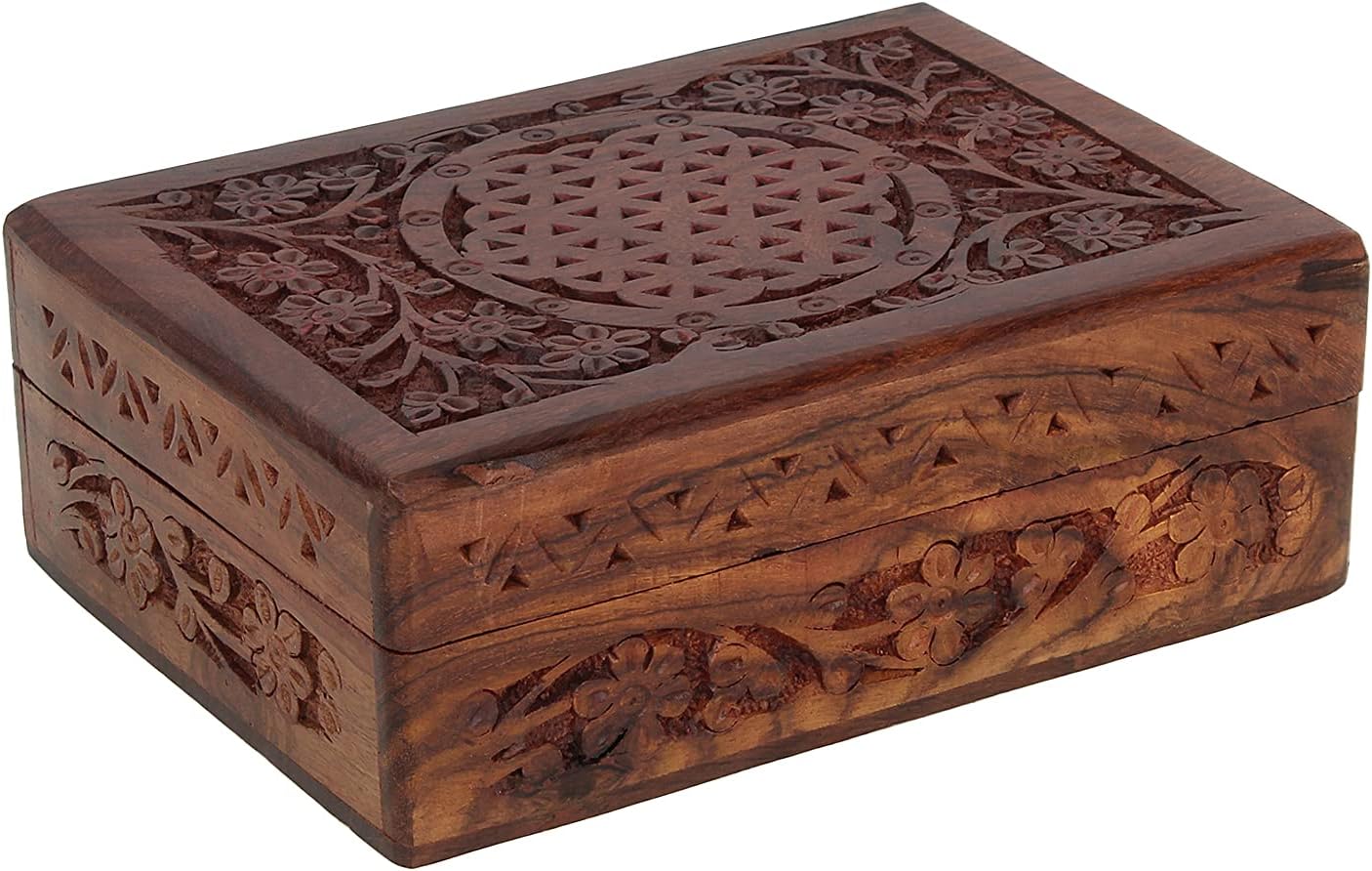 Ajuny Handmade Wooden Jewelry Box for Women - Floral Pattern Hand Carved, Solid Multipurpose Keepsake Storage Travel Organizer | Vintage Decorative Chest Trinket Holder Gift 7x5 Inch