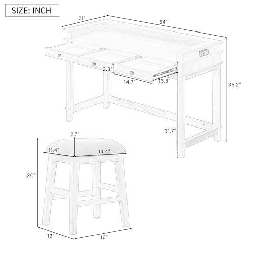 4-Piece Counter Height Dining Bar Table Set with 3 Upholstered Stools, Multifunctional Wooden Dining Table with 3 Drawers, USB Port and Power Strip for Living Room and Home Bar (Natural Wood Wash)