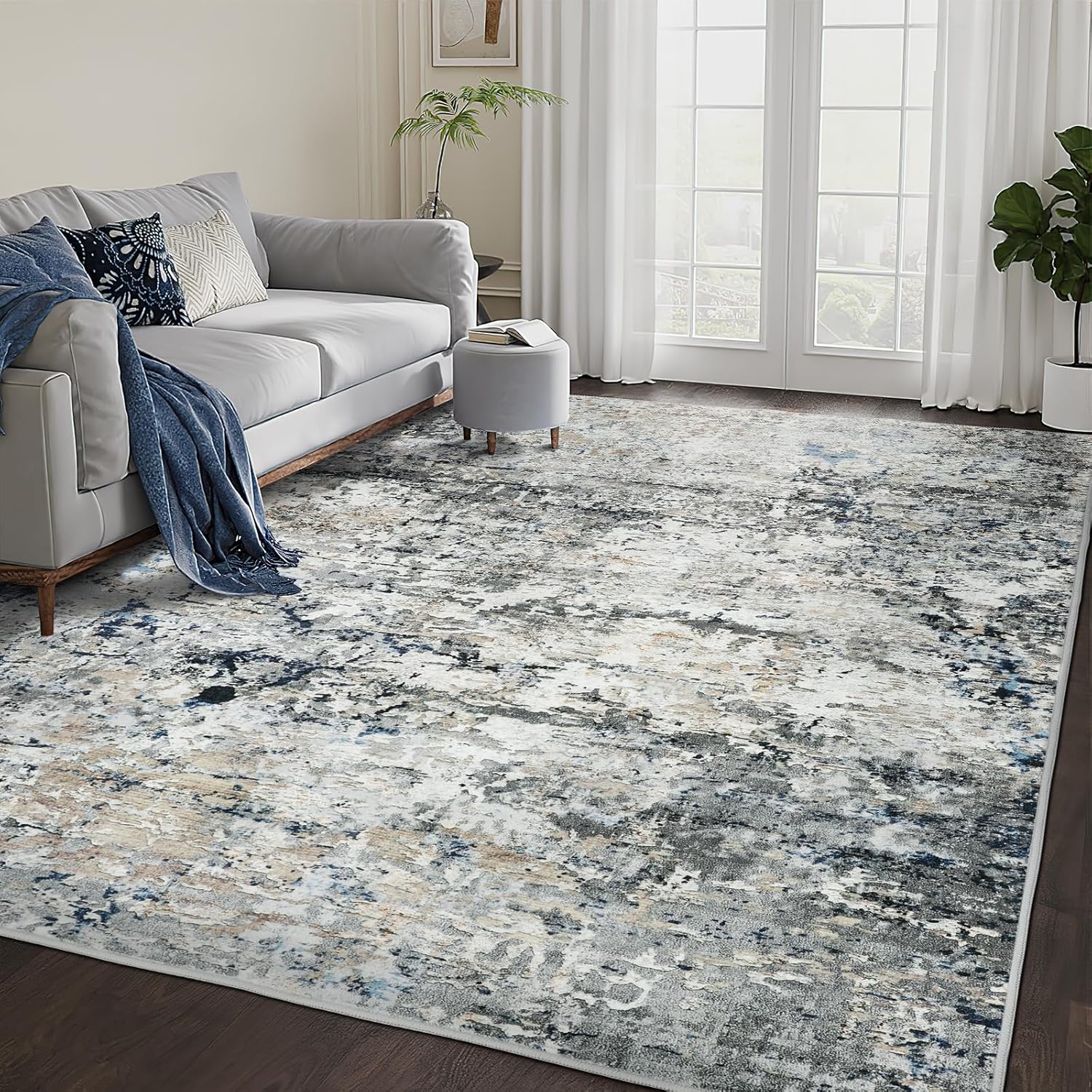 8x10 Area Rugs for Living Room,Anti-Slip Backing Washable Rug,Stain Resistant Modern Abstract Large Area Rug,Ultra-Thin Room Decor Rugs (Navy/Gold,8'x10')