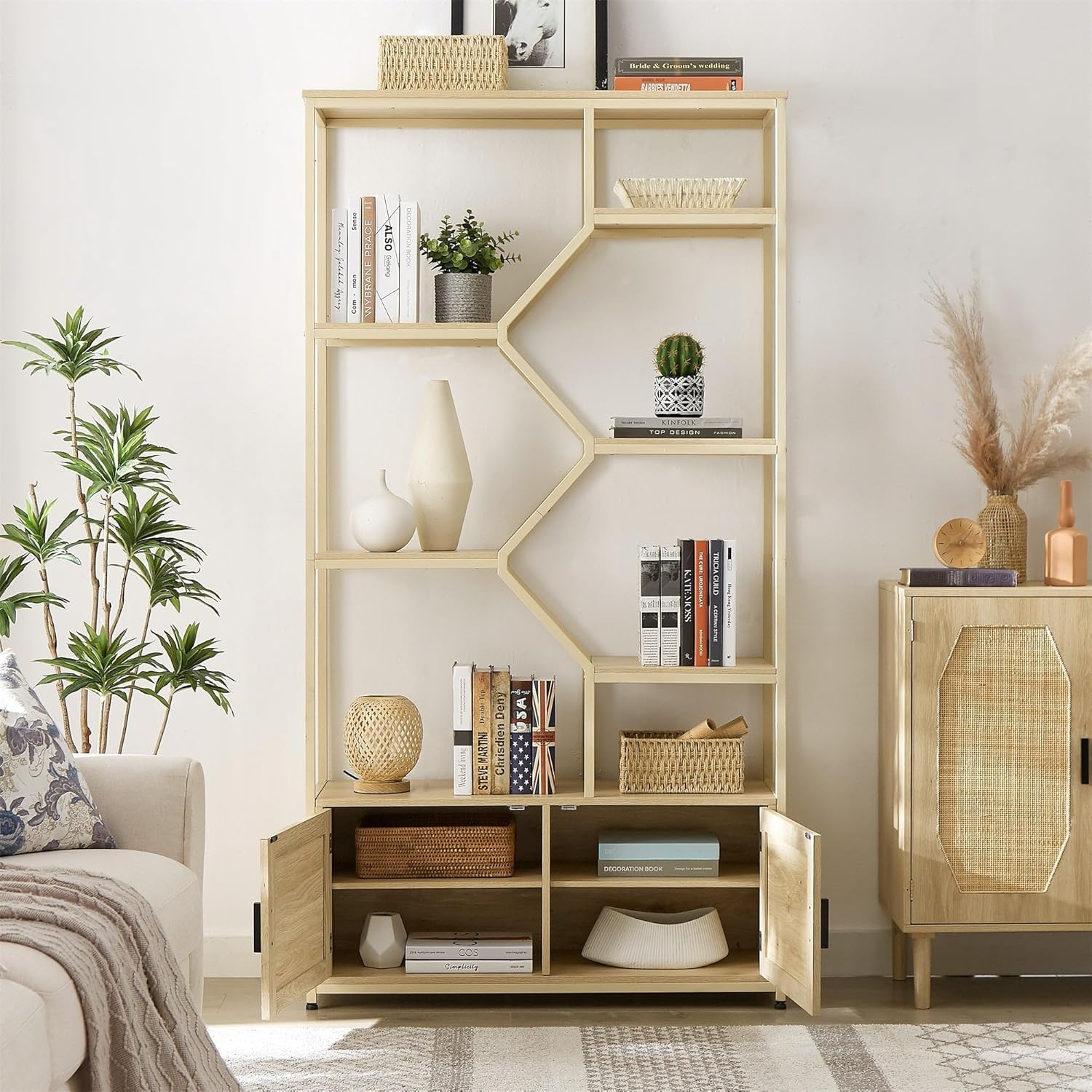 Rattan Bookshelf with Cabinet Natural Farmhouse Doors