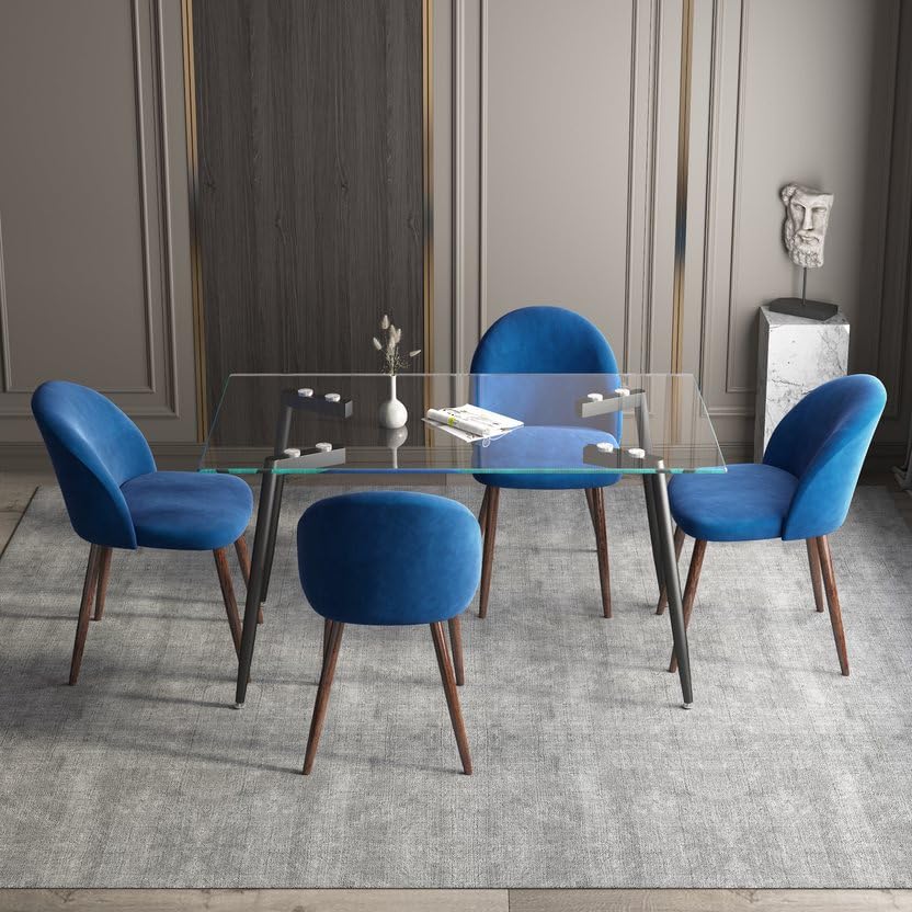 5 Piece Modern Clear Glass Top Dining Kitchen Table Set for 4, Metal Legs with Black Skin Sturdy, Accent Soft Velvet Seat Upholstered Side Chairs with Wooden Skin Metal Legs (Blue)