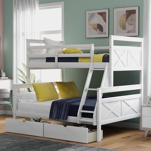 Twin Over Full Bunk Bed with Ladder, Full Length Guardrail, X-Shape Headboard and Footboard, Wooden Bunk Bed Frame Can be Separated into 2 Beds, White