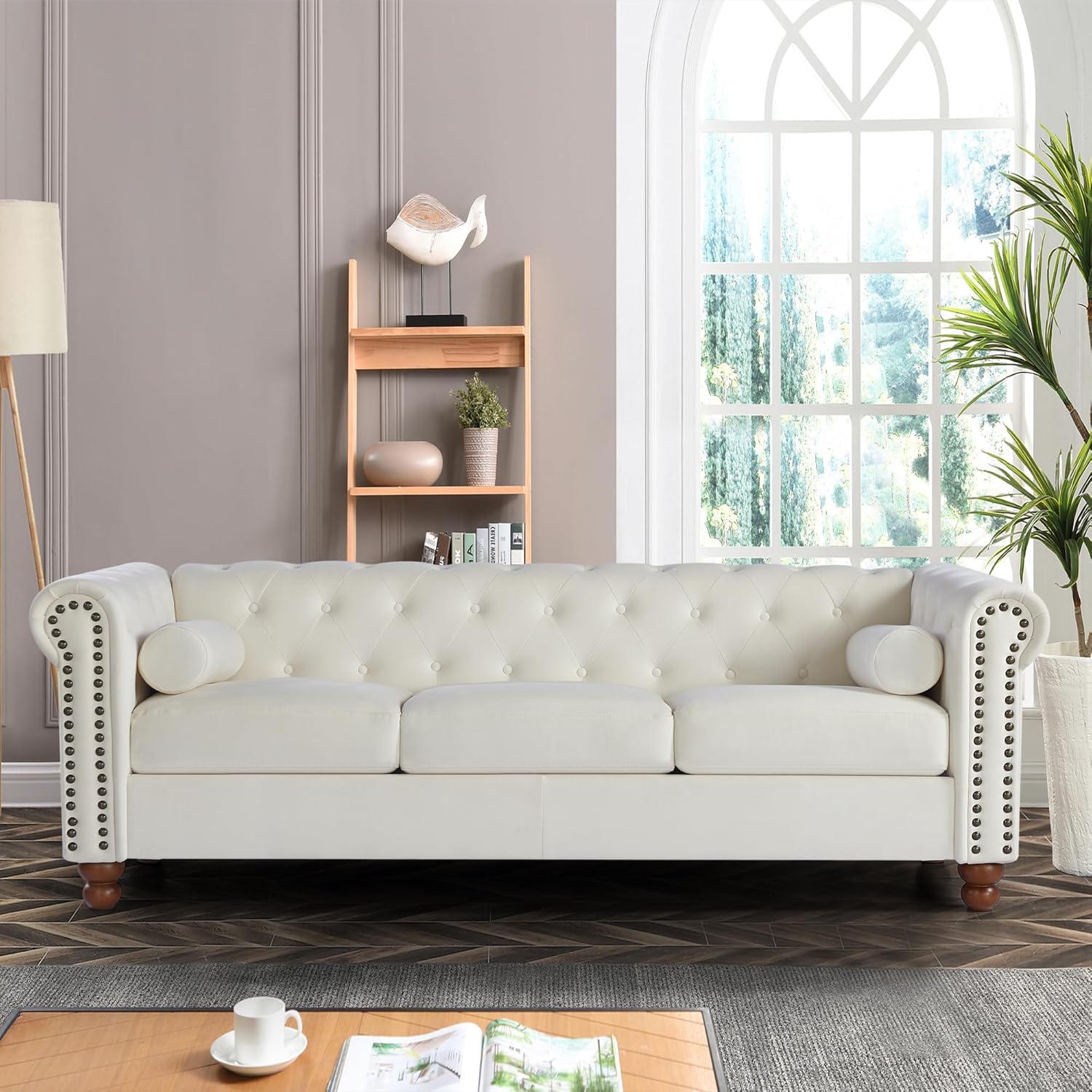 Classic Traditional Living Room Upholstered Sofa with velvet fabric Surface/Chesterfield Tufted Fabric Sofa Couch, Large-White