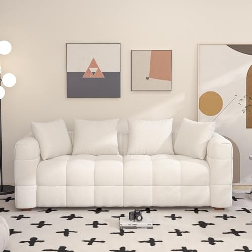 ANJ 81'' W Sofa Couch for Living Room, Comfy Mid-Century Modern Beige Couch with 4 Pillows, Extra Wide Sleeper Couch, Upholstered 3-Seat Sofa Couch with Wooden Legs for Apartment Bedroom Home Office