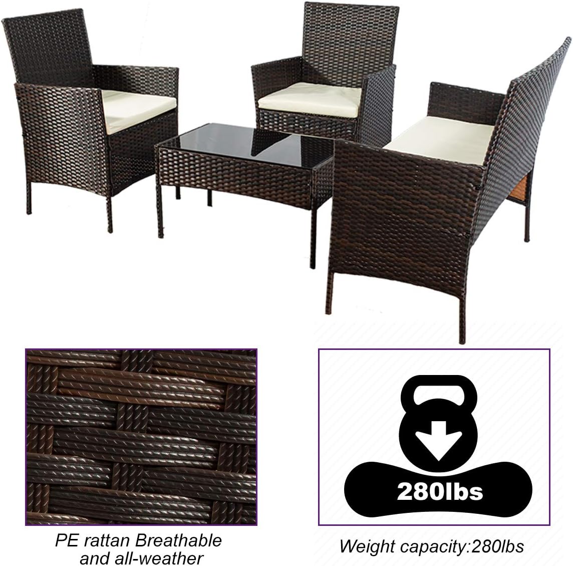 Patio Furniture, Outdoor Furniture,4 Piece Patio Furniture Set 4 Piece Outdoor Wicker Sofas Rattan Chair Wicker with Glass Table with Cushioned Seating,Outdoor Patio Furniture(Brown)