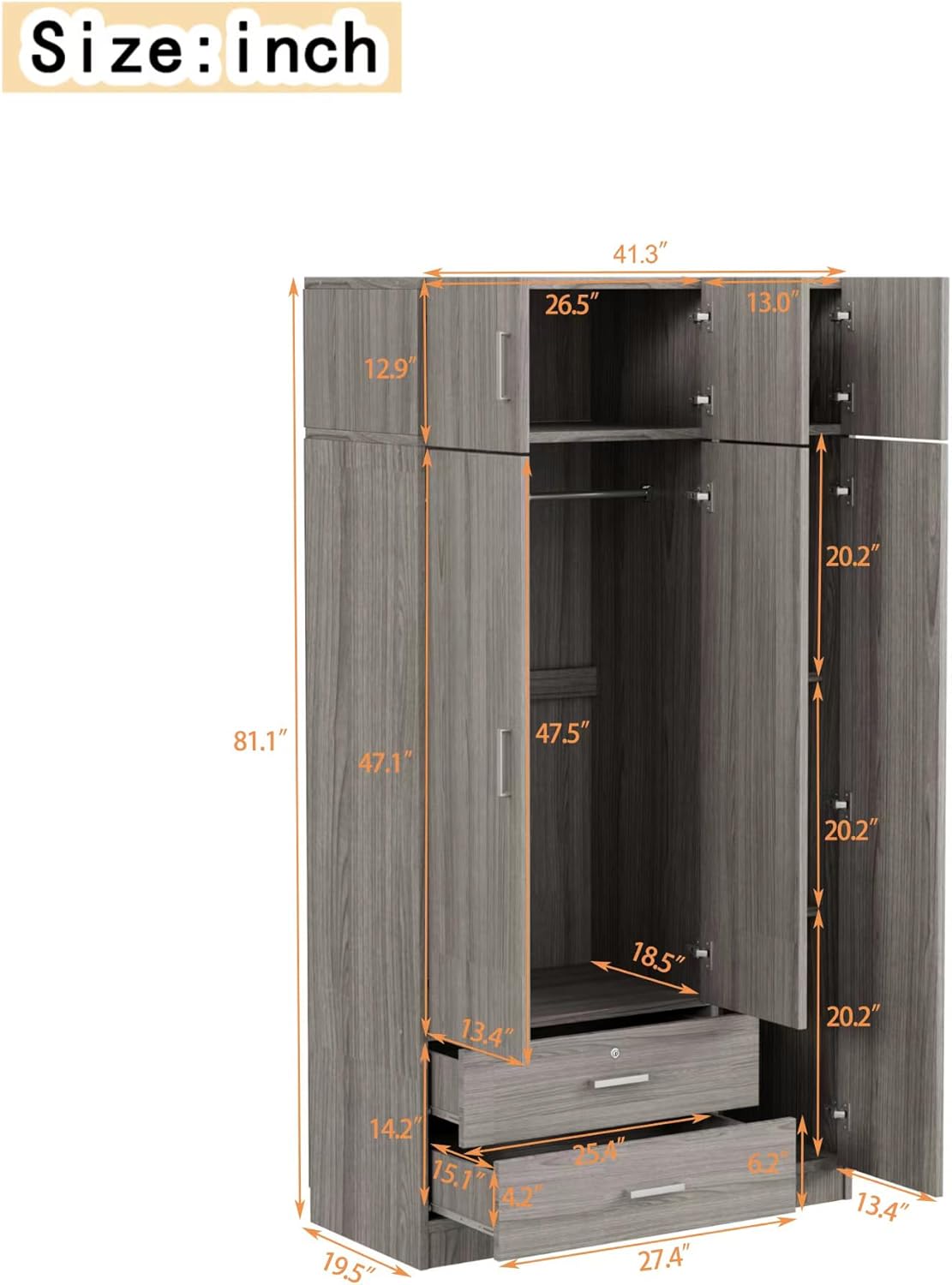 Armoire Mirror, 3 Drawers, Three Door and Top Cabinet, Wooden Bedroom Wardrobe Closet with Shelves Rod for Hanging Clothes,41.3