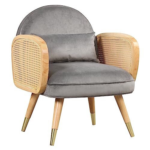 LUMISOL Mid Century Accent Chair, Upholstered Chair with Rattan Armrest and Metal Legs, Comfy Velvet Lounge Chair for Living Room, Bedroom, Office, Easy Assembly (Grey)