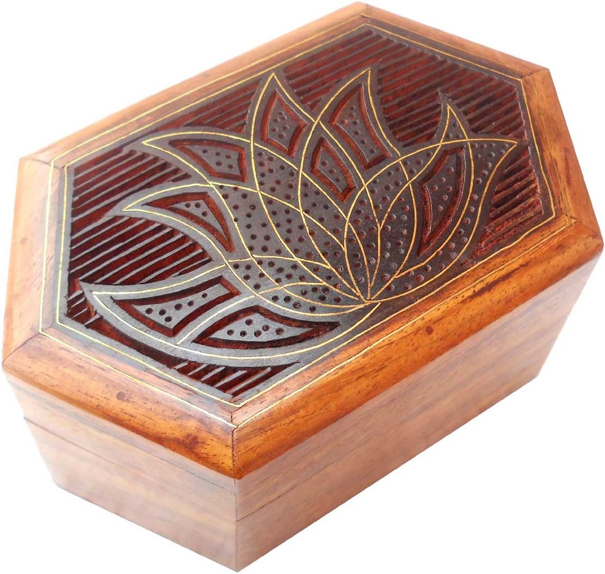 Elegant Design Hand Made Indian Brass Inlay Sheesham Wood Jewelry Box - Size 5