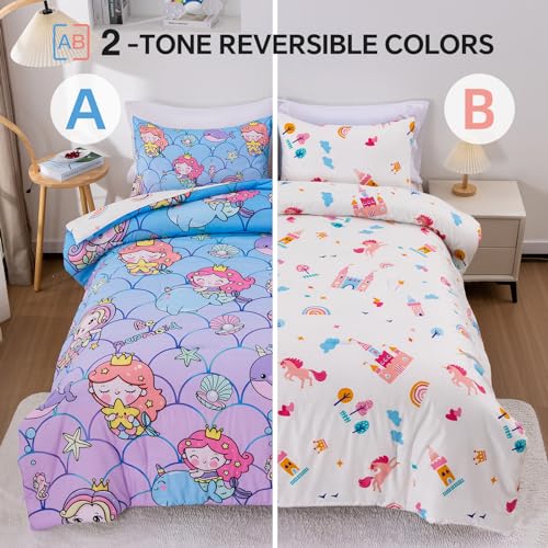 Btargot Twin White Princess Castle Rainbow Reversible Comforter Set for Boys Girls Kids, 3 Pieces Unicorn Fairy Pumpkin Carts Stars Flowers Painting Bedding Set