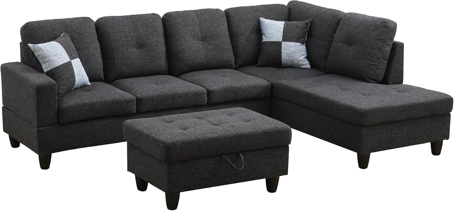 3-Piece L Shape Sectional Sofa with Left Chaise, Storage Ottoman, Modern Linen Living Room Couch Set w/Button Tufted Backrest,for Office and Apartment, 103inch, Black Grey 1