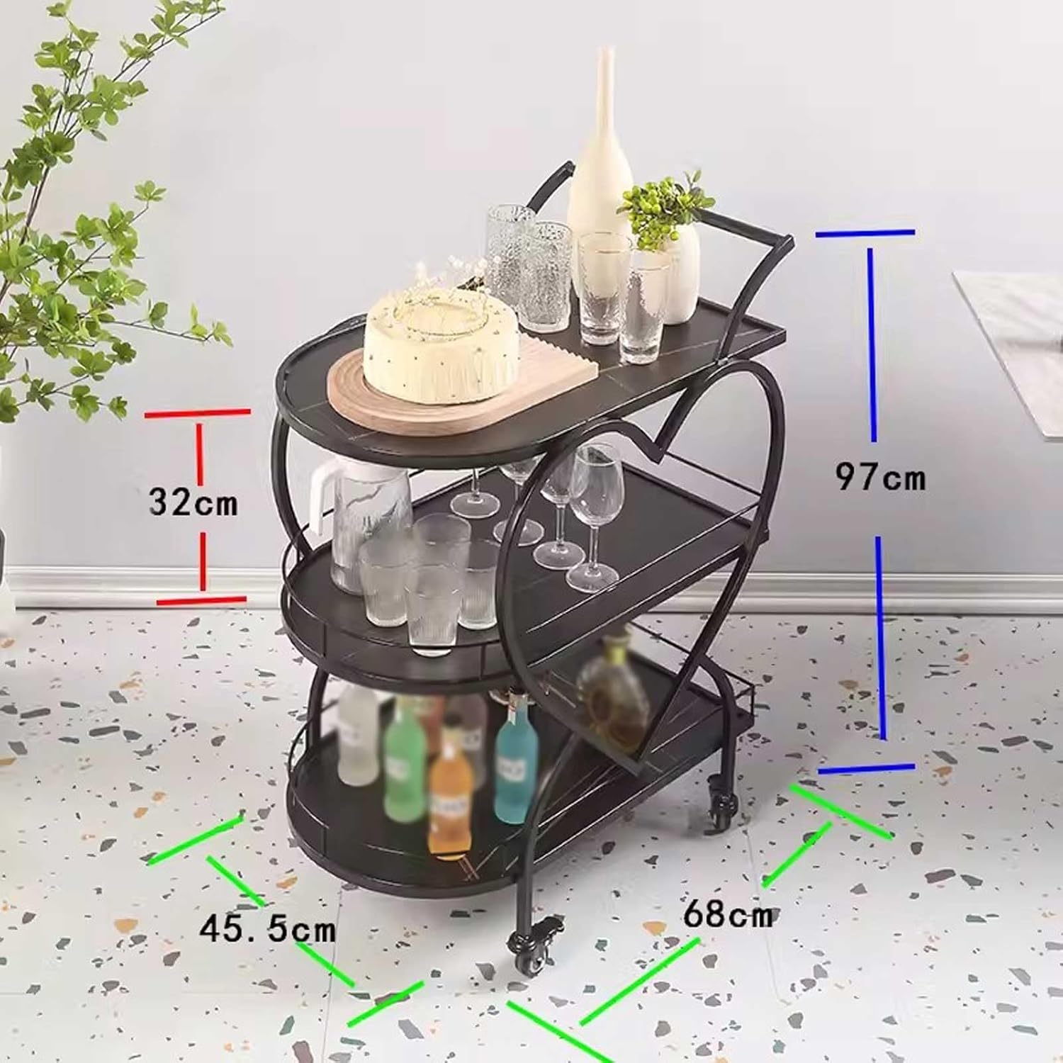 Bar Cart Black Bar Carts with 3-Tier Storage Shelves, Mobile Bar Serving Cart for The Home, Kitchen, Living Room, Dining Room Drink Trolley
