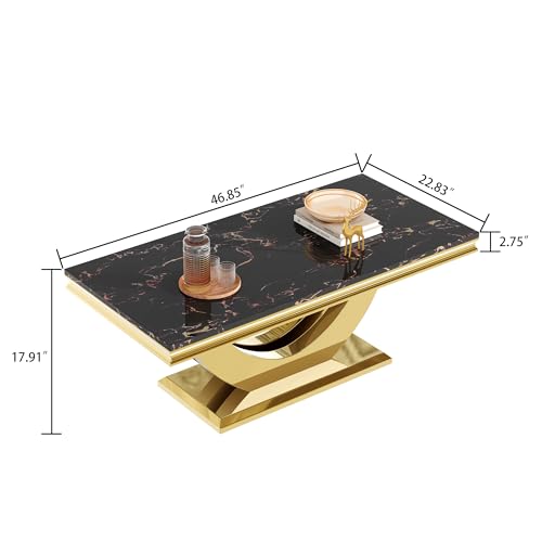 SSLine Modern 2 Piece Living Room Table Set, Includes 1 Coffee Table & 1 Console Table, Luxury Faux Marble Coffee Table Set with U-Shape Stainless Steel Base (Black Marble& Gold1)