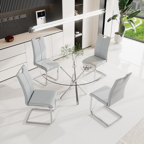 42 inch Round Glass Dining Table Set for 4, Round Kitchen Table Chairs Set of 4, Modern Tempered Glass Top Table with Tubular Metal Legs & 4 PU Leather Chairs, Black & Gold