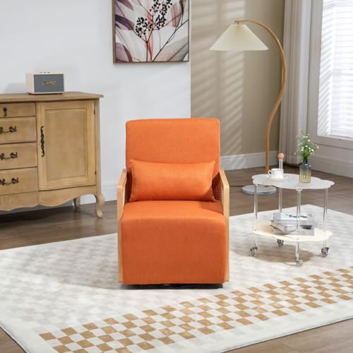 360 Modern Swivel Chair, Linen Accent Chair with Wood Arms and Pollow, Rattan Frame, Comfy Upholstered Armchair for Living Room, Bedroom, Office, Waiting Room, Hotel, Linen Hot Pink