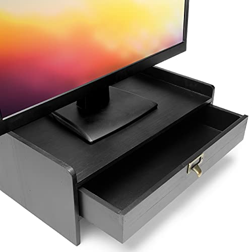 Excello Global Products Wooden Monitor Stand: Includes Drawer for Desktop Organization of Notebooks, Pens, Pencils & Office Supplies (Black)