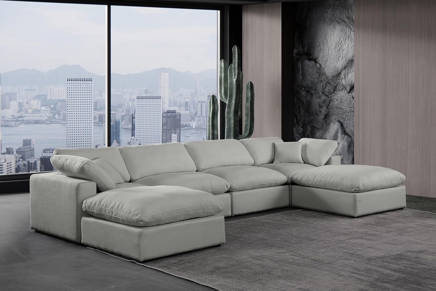Meridian Furniture Comfy Collection Modern | Contemporary Upholstered Modular Sectional with Linen Textured Fabric Upholstery, Down Feather Cushions, 158