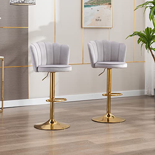 Velvet Swivel Bar Stools Set of 2 Modern Adjustable Height Bar Chairs with Petal Back & Golden Footrest, Upholstered Barstools for Kitchen Counter/Island/Home Bar/Dining Room, Green