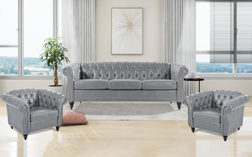 Brown Chesterfield Sofa2 Piece Set, Modern Faux Leather 3 Seater Couches and Sofa Chairs, Upholstered Tufted Button,Scroll Arms and Nailhead Trim, Sectional Sofa Set for Living Room Office Bedroom