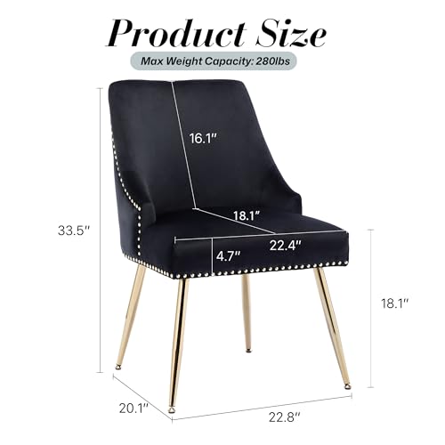 Velvet Dining Chairs Set of 4, Upholstered Dining Room Chairs with Gold Legs, Modern Kitchen Chairs with Nailhead Tirm and Back Pull Ring, Blue