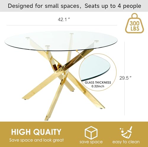 42 Inch Round Glass Dining Table for 4, Circle Dining Table with Clear Tempered Glass Top & Gold Chrome Metal Legs, Small Dinner Table for Dining Room, Kitchen, Living Room