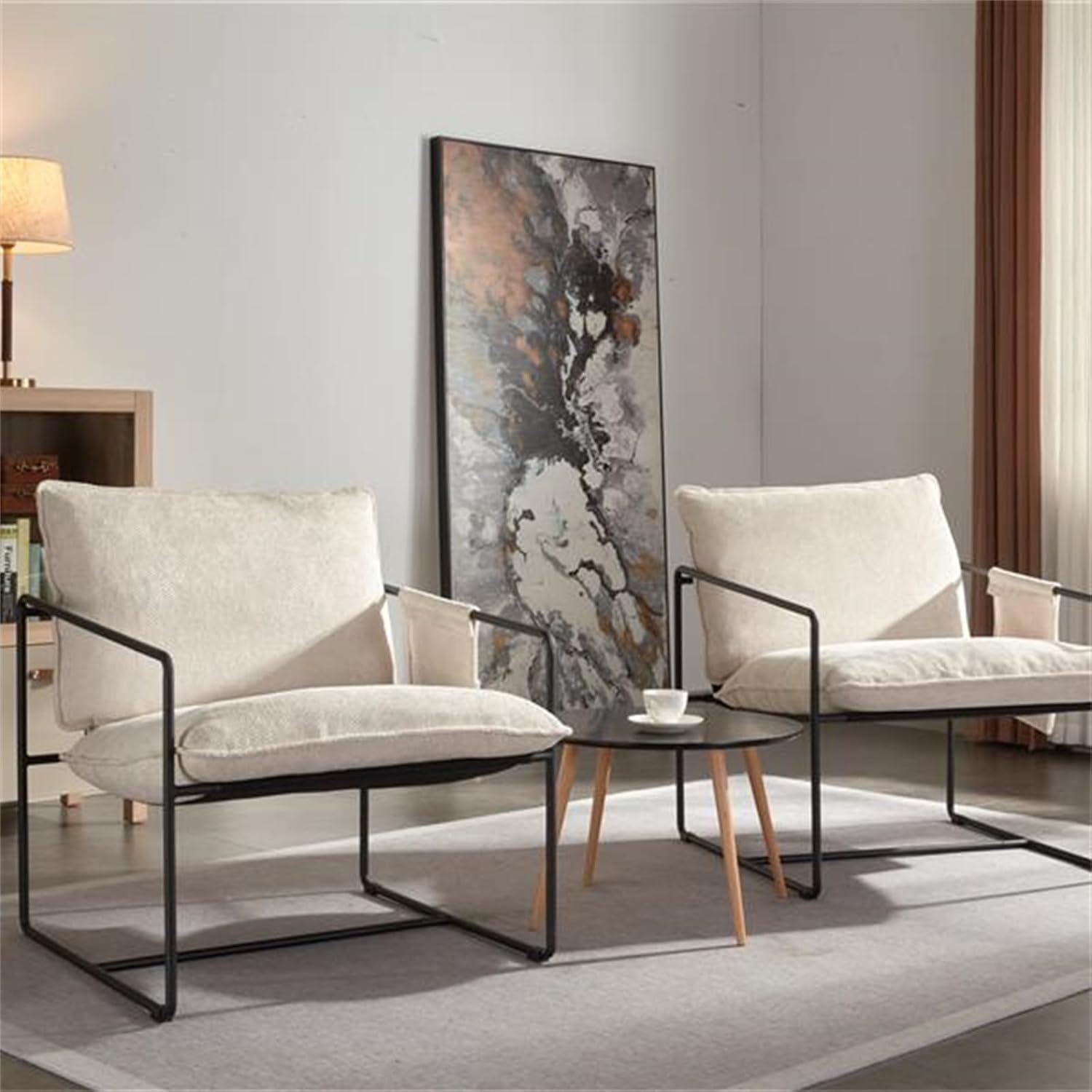 2 Sets in 1 Box, Modern Upholstered Suspension Armchair with Armrest Pockets, Metal Frame, Crushed Foam Cushions and Skin-Friendly Woven Fabric, Suitable for Living Room and Bedroom. Beige