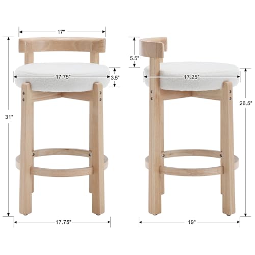 Mid-Century Bar Stools Set of 2, 26.5 Inch Linen Counter Height Upholstered Barstools Bar Chairs with Solid Wooden Legs for Kitchen Island Dining Room, Beige